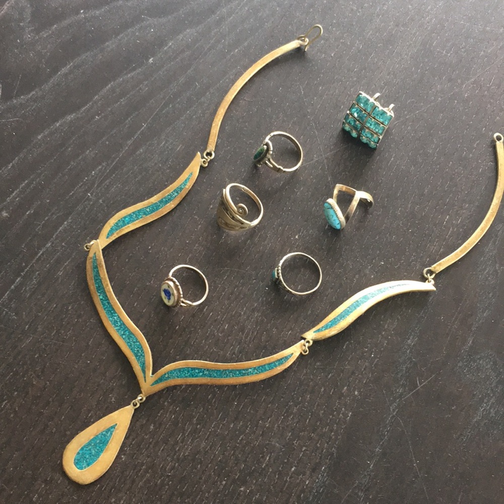 Turquoise golden choker .925 sterling silver rings - Picture 2 of 14